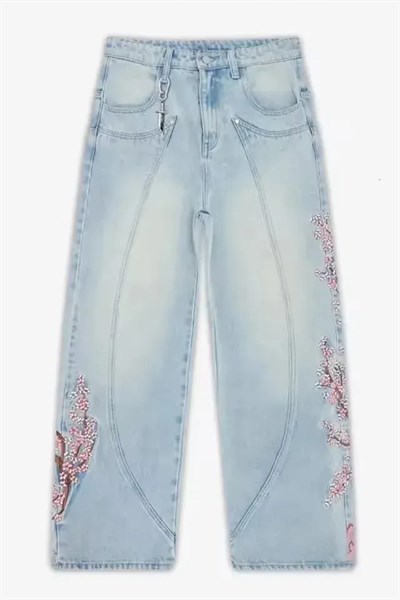 Mavi Sakura Şövalye Nakışlı Y2K Baggy Pantolon