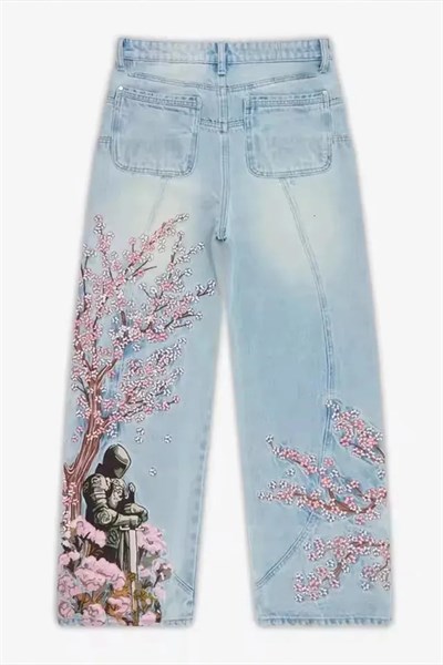 Mavi Sakura Şövalye Nakışlı Y2K Baggy Pantolon