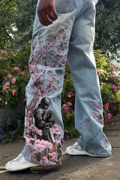 Mavi Sakura Şovalye Nakışlı Y2K Baggy Pantolon