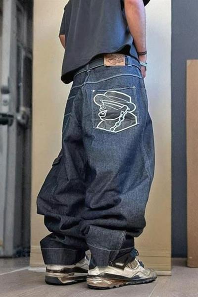 Mavi Skater Arka Cep Çizgi Film Karakteri Yamalı Baggy Pantolon