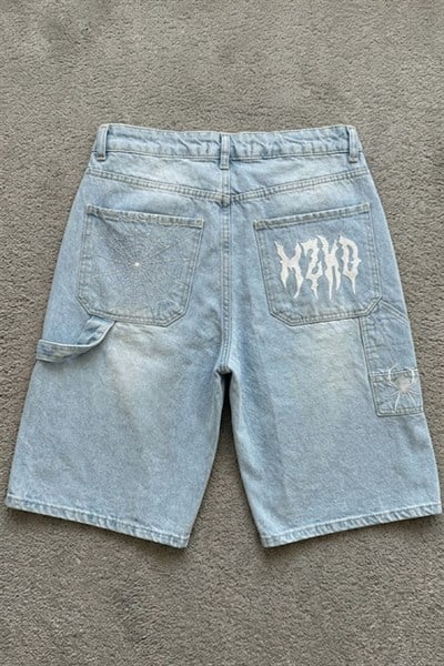 Mavi Taşlamalı MZKD Spider Y2K Baggy Unisex Şort