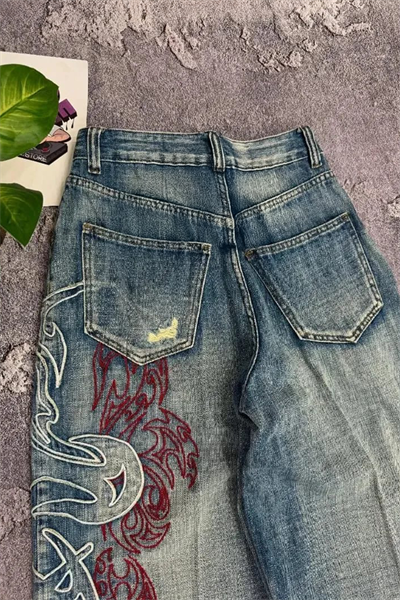 Mavi Taşlamalı Vintage Tribal Baskılı Grunge Baggy Unisex Pantolon