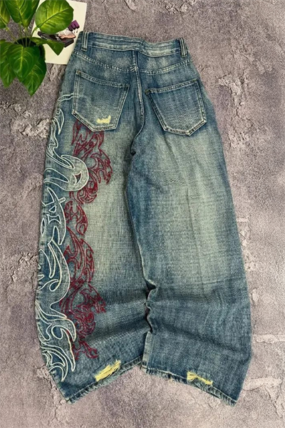 Mavi Taşlamalı Vintage Tribal Baskılı Grunge Baggy Unisex Pantolon