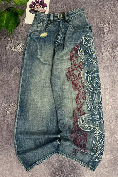 Mavi Taşlamalı Vintage Tribal Baskılı Grunge Baggy Unisex Pantolon