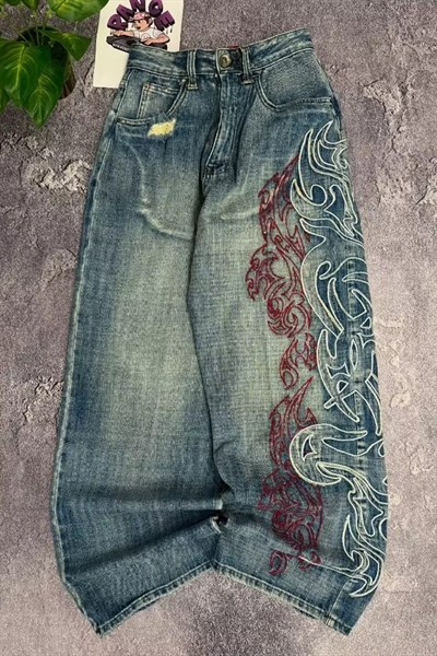 Mavi Taşlamalı Vintage Tribal Baskılı Grunge Baggy Y2K Unisex Pantolon