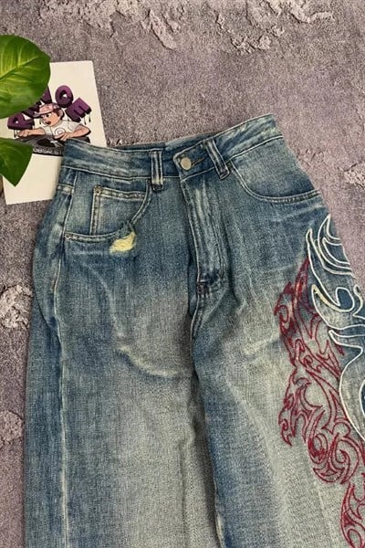 Mavi Taşlamalı Vintage Tribal Baskılı Grunge Baggy Y2K Unisex Pantolon