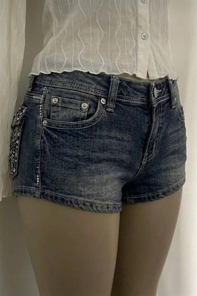 Mavi Yıkamalı Taşlı Skull Wings Grunge Y2K Kot Mini Şort