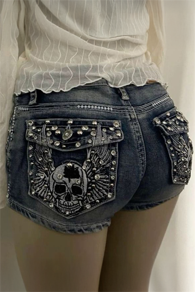 Mavi Yıkamalı Taşlı Skull Wings Grunge Y2K Kot Mini Şort