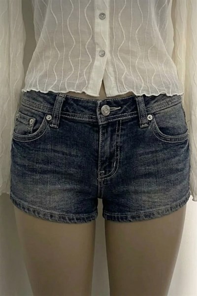 Mavi Yıkamalı Taşlı Skull Wings Grunge Y2K Kot Mini Şort