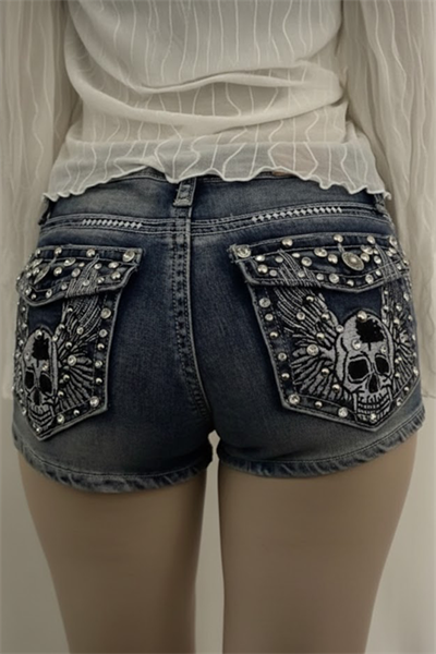 Mavi Yıkamalı Taşlı Skull Wings Grunge Y2K Kot Mini Şort