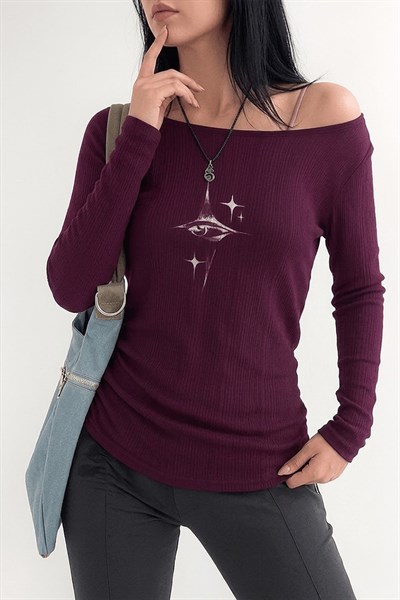 Mürdüm Crystal Eye Madonna Yaka Askılı Harajuku Y2K Uzun Kollu Crop 