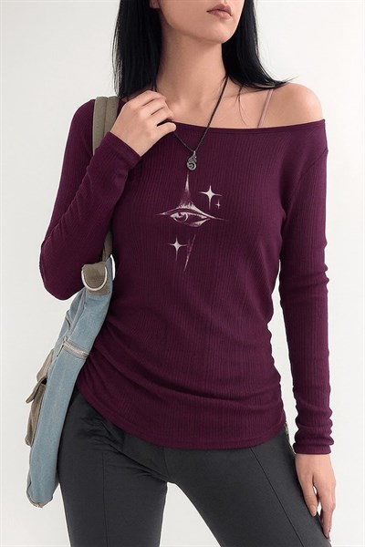 Mürdüm Crystal Eye Madonna Yaka Askılı Harajuku Y2K Uzun Kollu Crop 