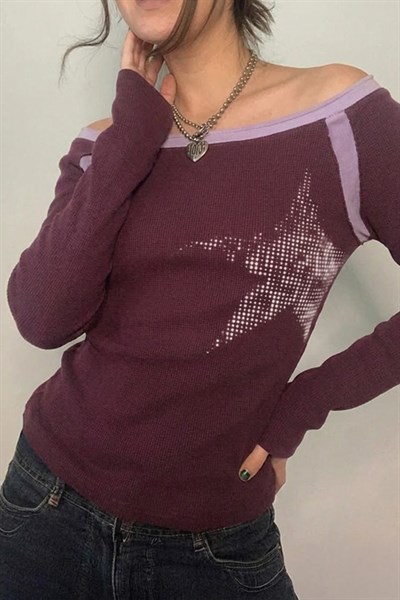 Mürdüm Star Omuz Dekolteli Parçalı Y2K Uzun Kollu Crop 