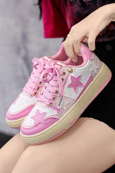 Pembe Beyaz Denim Yıldız Nakışlı Harajuku Y2K Sneaker Ayakkabı