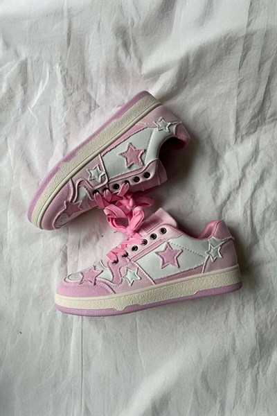Pembe Beyaz Denim Yıldız Nakışlı Harajuku Y2K Sneaker Ayakkabı