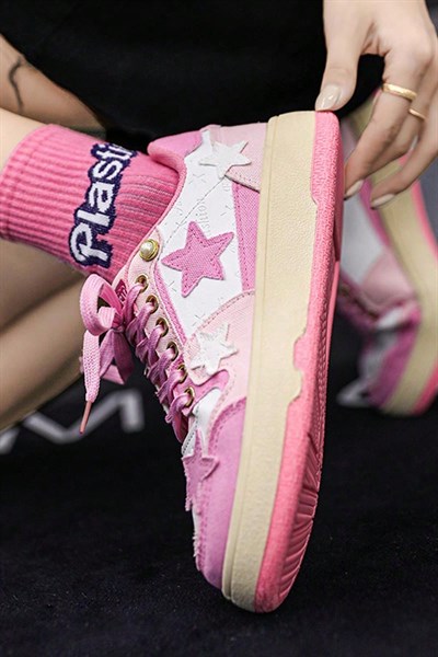 Pembe Beyaz Denim Yıldız Nakışlı Harajuku Y2K Sneaker Ayakkabı