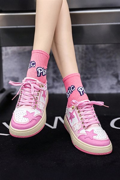 Pembe Beyaz Denim Yıldız Nakışlı Harajuku Y2K Sneaker Ayakkabı