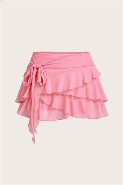 Pembe Bohem Katlı Fiyonklu Y2K Mini Etek