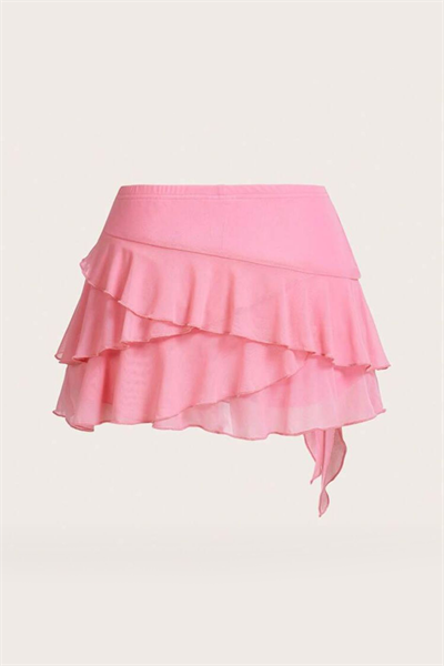 Pembe Bohem Katlı Fiyonklu Y2K Mini Etek