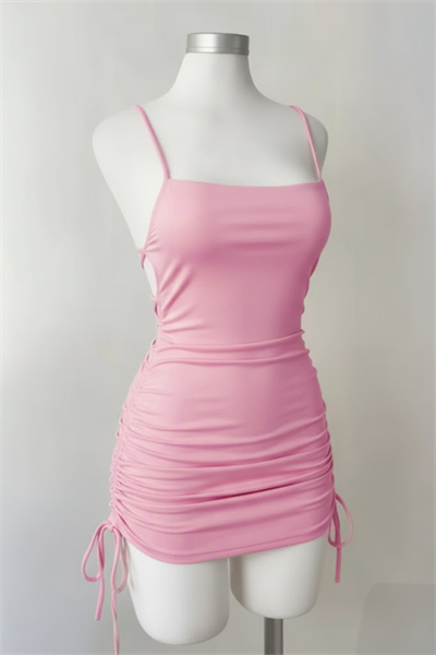 Pembe Büzgülü Sırt İpli & Dekolteli Askılı Gotik Y2K Saten Elbise