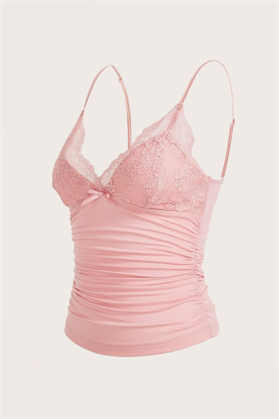 Pembe Dantel Detaylı Fiyonklu Y2K Askılı Crop