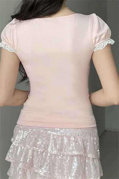 Pembe Dantel Detaylı Kare Yaka Kısa Kollu Crop