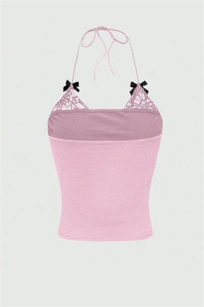 Pembe Dantel Detaylı Siyah Fiyonklu İn Life Y2K Askılı Crop