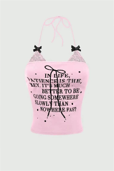 Pembe Dantel Detaylı Siyah Fiyonklu İn Life Y2K Askılı Crop