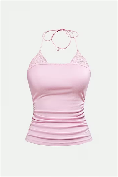 Pembe Dantel Ekli Bağlamalı Y2K Askılı Crop