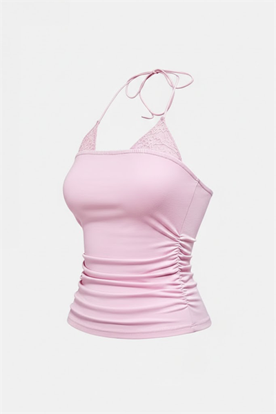 Pembe Dantel Ekli Bağlamalı Y2K Askılı Crop