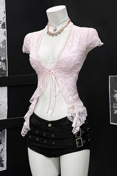 Pembe Dantelli Bağlamalı Bolero Y2K Kısa Kollu Crop