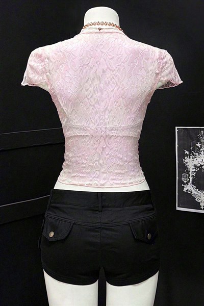 Pembe Dantelli Bağlamalı Bolero Y2K Kısa Kollu Crop