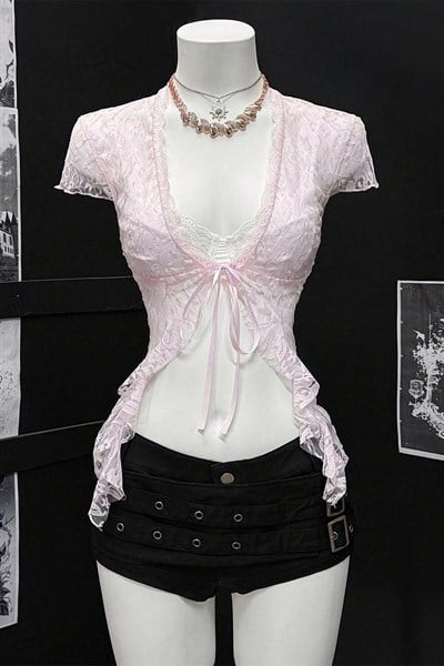 Pembe Dantelli Bağlamalı Bolero Y2K Kısa Kollu Crop
