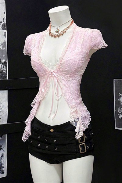 Pembe Dantelli Bağlamalı Bolero Y2K Kısa Kollu Crop