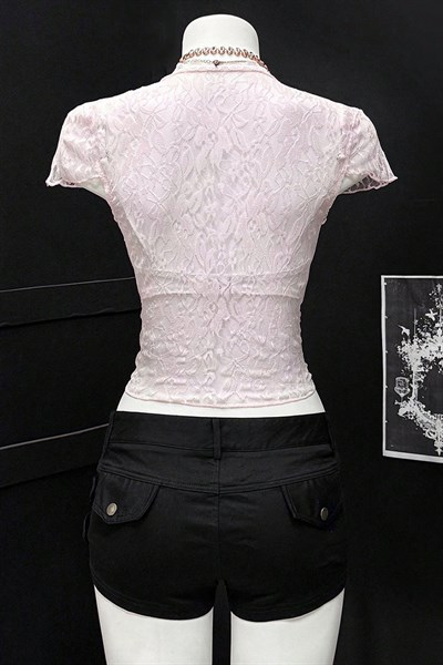 Pembe Dantelli Bağlamalı Bolero Y2K Kısa Kollu Crop