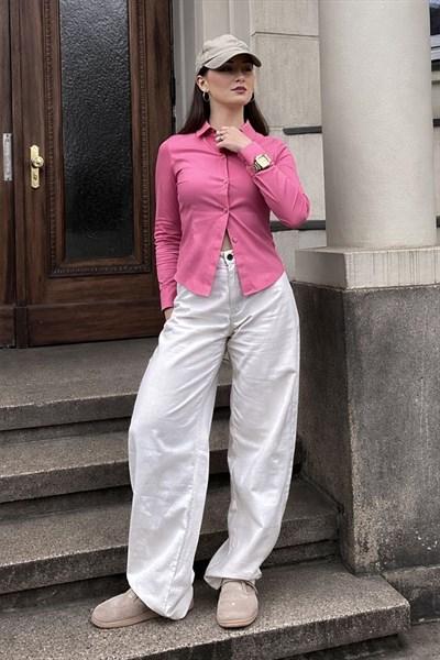 Pembe Dar Kesim İspanyol Kol Poplin Y2K Gömlek
