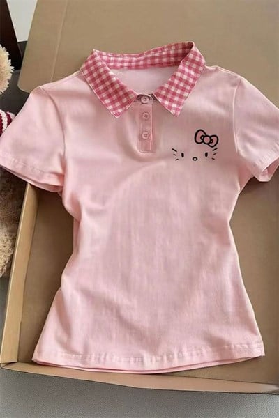 Pembe Ekose Polo Yaka Hello Kitty Y2K Kısa Kollu Crop