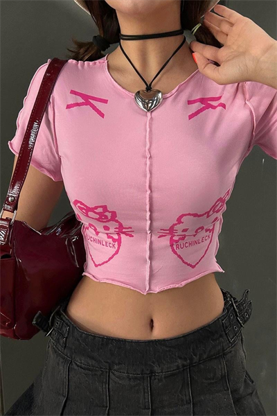 Pembe Hello Kitty - Ruchinleck Grunge Y2K Kısa Kollu Crop 