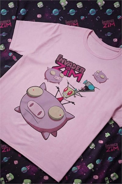 Pembe Invader Zim Gir & Piggy Y2K Unisex T-Shirt