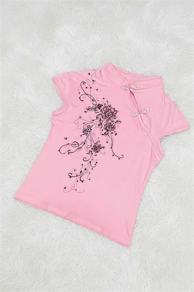 Pembe Mandarin Yaka Çiçekli Qipao Vintage Y2K Kısa Kollu Crop