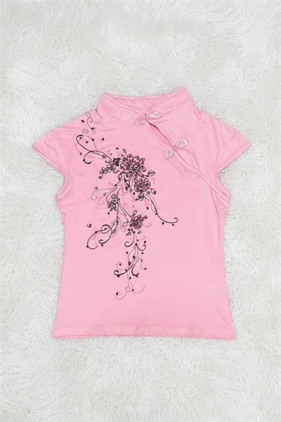 Pembe Mandarin Yaka Çiçekli Qipao Vintage Y2K Kısa Kollu Crop