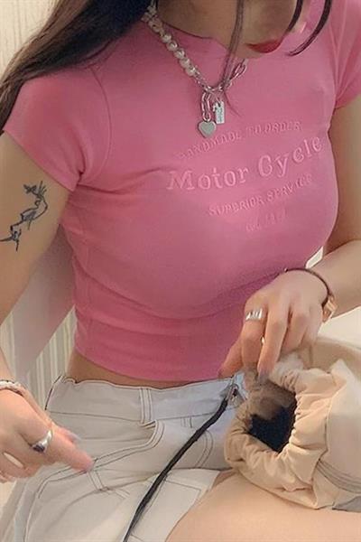 Pembe Motor Cycle Y2K Kısa Kollu Crop