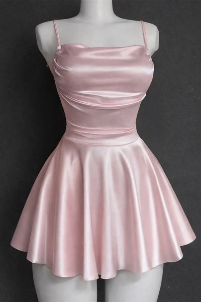 Pembe Saten Drape Detaylı İp Askılı Elbise