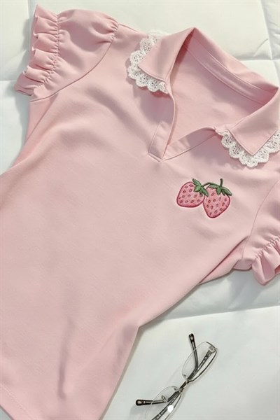 Pembe Strawberry Dantel Yakalı Y2K Kısa Kollu Crop