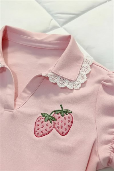 Pembe Strawberry Dantel Yakalı Y2K Kısa Kollu Crop