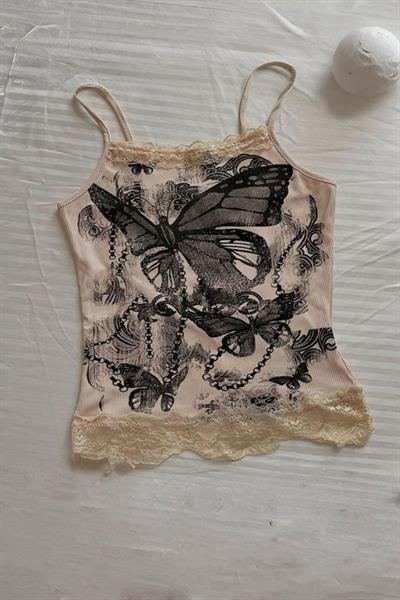 Bej Butterfly Dantelli Gotik Y2K Askılı Crop