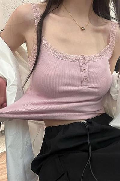 Pudra Düğme Yakalı Dantel Detaylı Gotik Y2K Askılı Crop