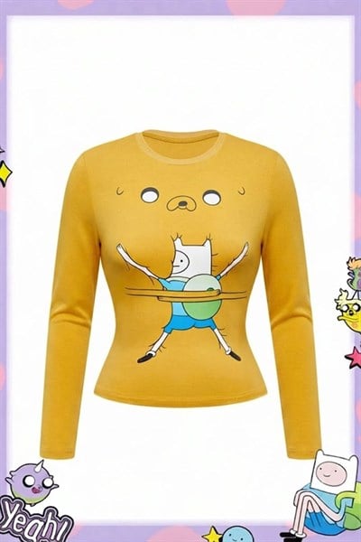 Sarı Adventure Time Finn and Jack Y2K Uzun Kollu Crop