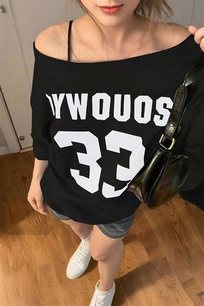Siyah 33 Uuwdoys Düşük Omuz Kısa Kol Off-Shoulder T-Shirt