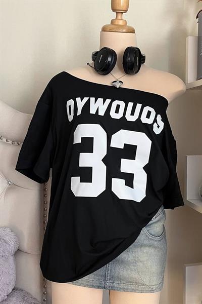 Siyah 33 Uuwdoys Düşük Omuz Kısa Kol Off-Shoulder T-Shirt